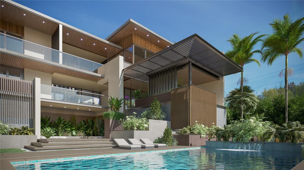 This is a rendering of a modern multi-story house featuring a swimming pool and landscaping — 214 BLANCA AVENUE, TAMPA, FL