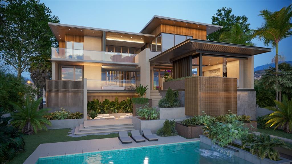 This architectural rendering shows a modern multi-story house with a pool, terraces, and wood accents — 214 BLANCA AVENUE, TAMPA, FL