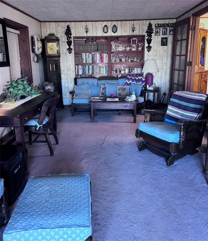 A living room features wood-paneled walls, a built-in bookshelf, a grandfather clock, and blue furniture — 17134 LAKE INGRAM ROAD, WINTER GARDEN, FL