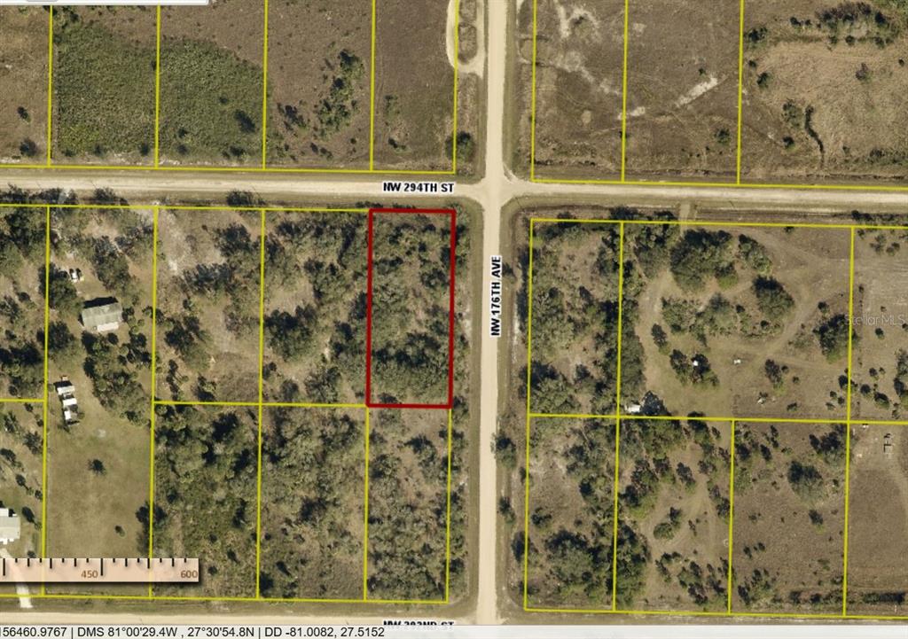 This is an aerial map showing a rectangular parcel of land outlined in red — 17610 NW 294TH STREET, OKEECHOBEE, FL