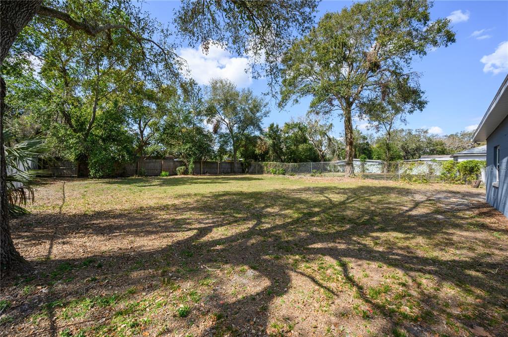 A large, grassy backyard features mature trees, a wooden fence, and a chain-link fence — 1006 SAN DOMINGO ROAD, ORLANDO, FL