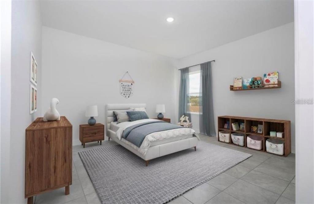 This is a digital rendering of a bedroom featuring a bed, storage units, and tile flooring — 9809 N SWANEE TERRACE, DUNNELLON, FL