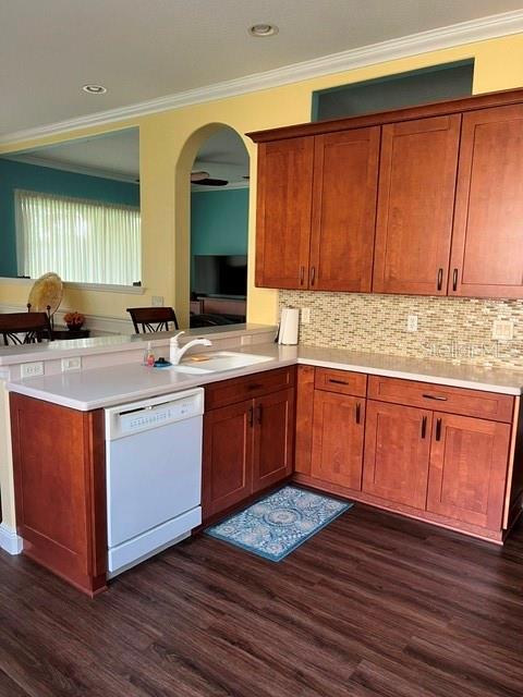 A kitchen features wood cabinets, white countertops, a dishwasher, and dark wood-look flooring — 3000 PINNACLE COURT, CLERMONT, FL