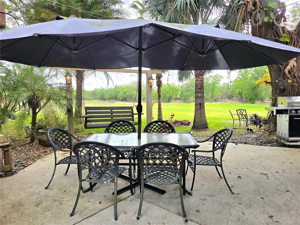 A patio features a dining set with an umbrella, a swing, and a grill outdoors — 159 HORSESHOE BEND, LAKE WALES, FL