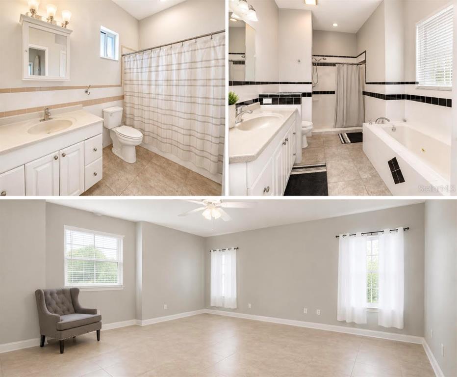 A composite image showing two bathrooms with tile flooring and a large, empty tiled bedroom — 217 E 19TH AVENUE, MOUNT DORA, FL