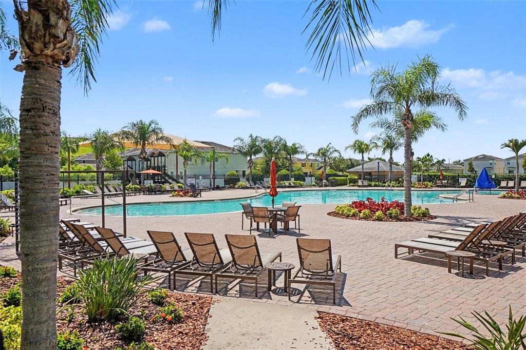 A swimming pool with lounge chairs and palm trees on a sunny day — 14907 IMPERIAL PURPLE LANE, WIMAUMA, FL