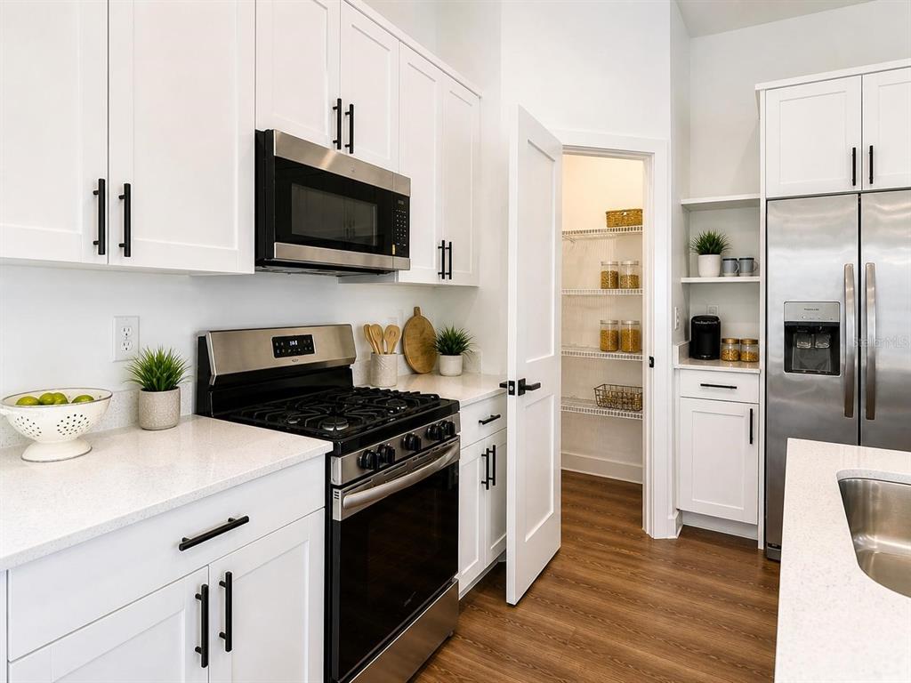 A modern kitchen features white cabinets, stainless steel appliances, quartz countertops, and a walk-in pantry — 9509 N OLD MILL WAY, CITRUS SPRINGS, FL