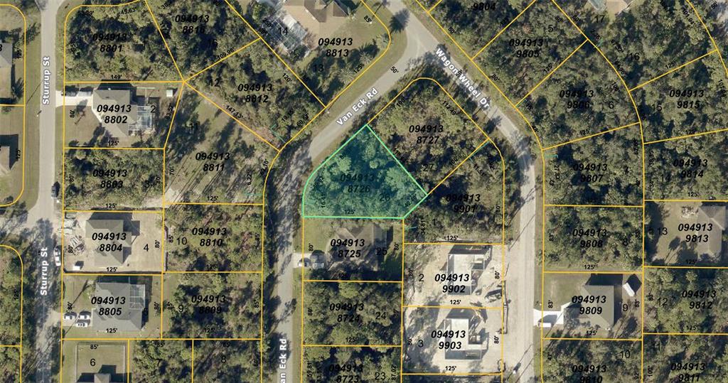 This is a satellite map showing residential property lot lines and street layouts — VAN ECK ROAD, NORTH PORT, FL