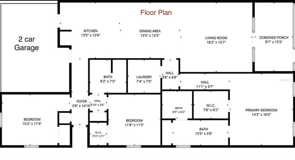 This is a floor plan showing a house with a garage, three bedrooms, and three bathrooms — 12604 NW 11TH PLACE, NEWBERRY, FL