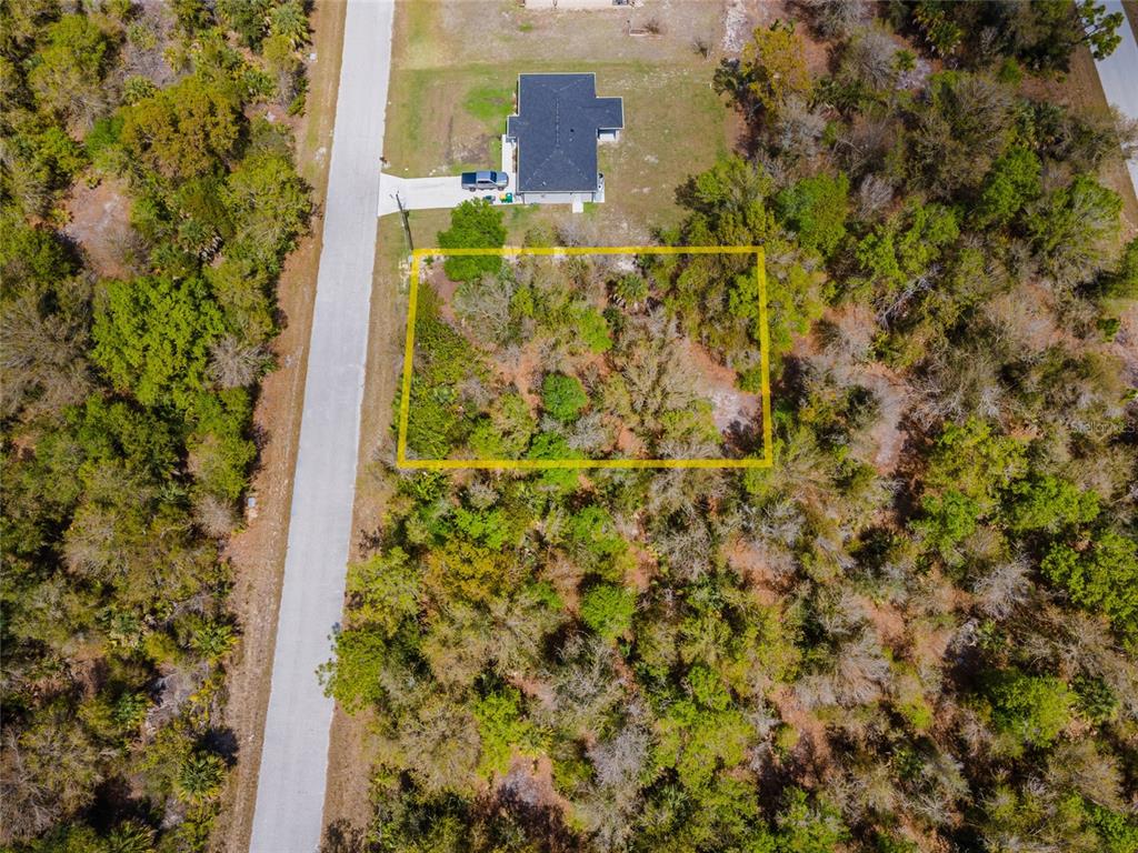 An aerial view shows a vacant, wooded rectangular lot outlined in yellow next to a road — 7084 LIPPMAN ROAD, PORT CHARLOTTE, FL