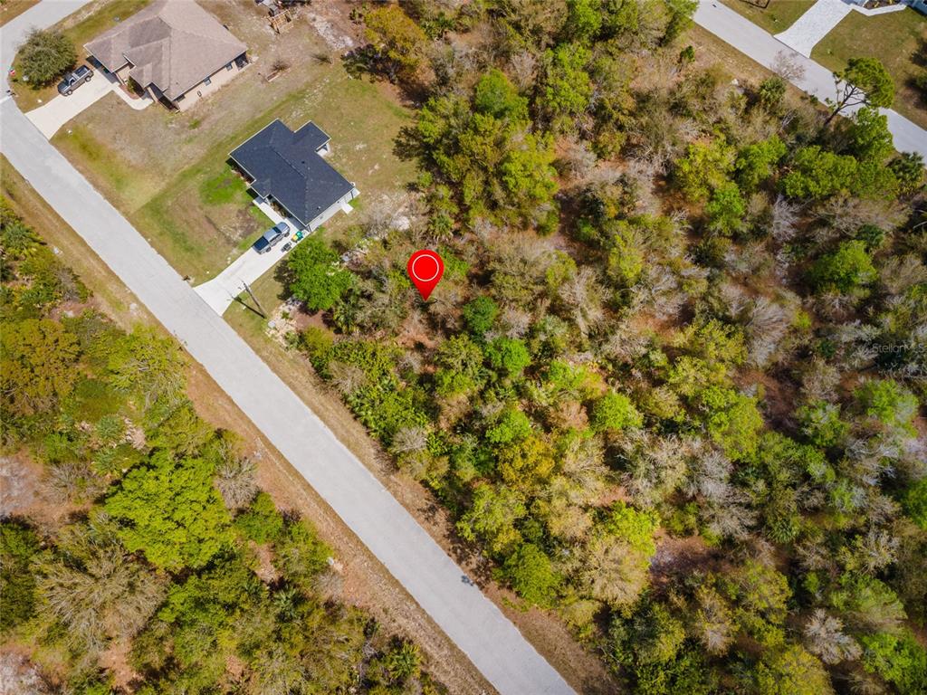 This is an aerial view of a wooded residential lot with a red location marker — 7084 LIPPMAN ROAD, PORT CHARLOTTE, FL