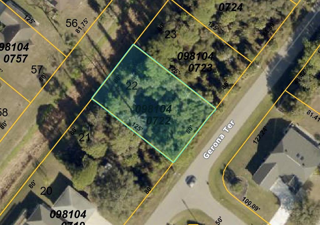 This is an aerial map showing a highlighted vacant residential lot on Gerona Terrace — GERONA TERRACE, NORTH PORT, FL