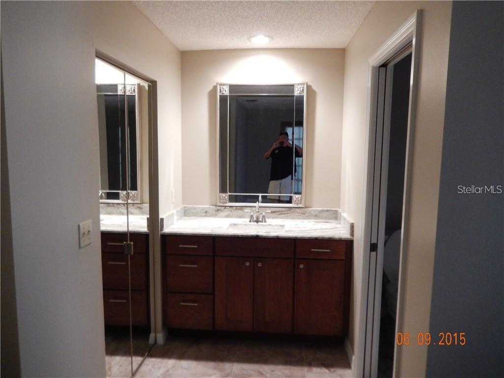 A bathroom features a dark wood vanity with a stone countertop and a framed mirror — 8925 QUAIL RUN DRIVE, WESLEY CHAPEL, FL