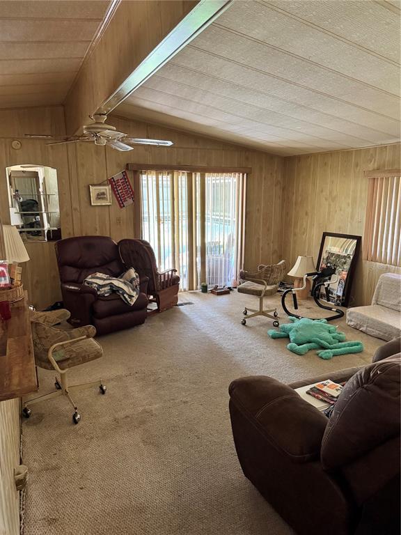 A living room features wood-paneled walls, carpeted flooring, a ceiling fan, and various chairs — 14251 RIALTO AVENUE, BROOKSVILLE, FL