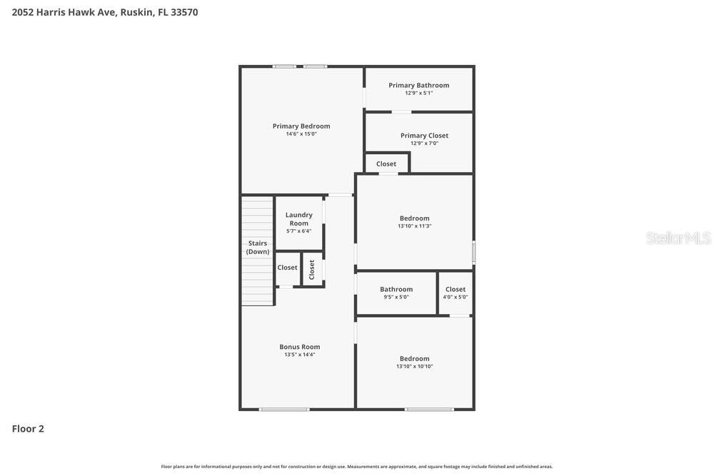 This is a floor plan for the second level of a residential home — 2052 HARRIS HAWK AVENUE, RUSKIN, FL