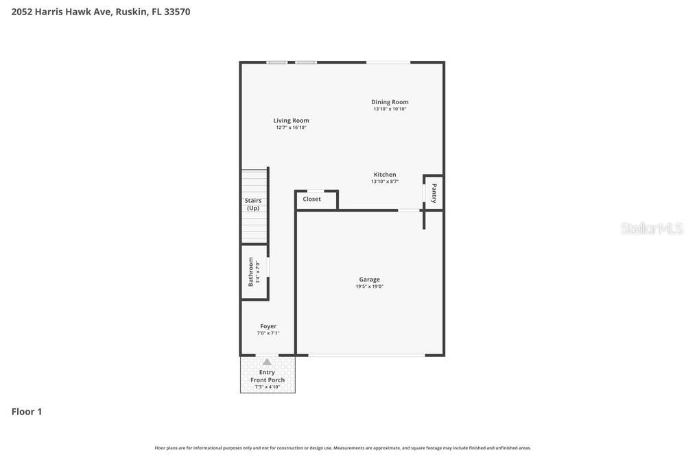 This is a floor plan for the first level of a residential home — 2052 HARRIS HAWK AVENUE, RUSKIN, FL