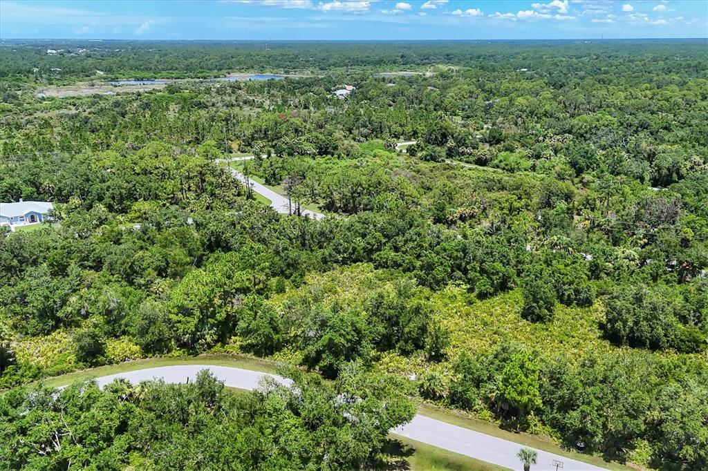 An aerial view shows a paved road winding through a dense, wooded residential area — 1553  & 1561 FRISCO TERRACE, PORT CHARLOTTE, FL