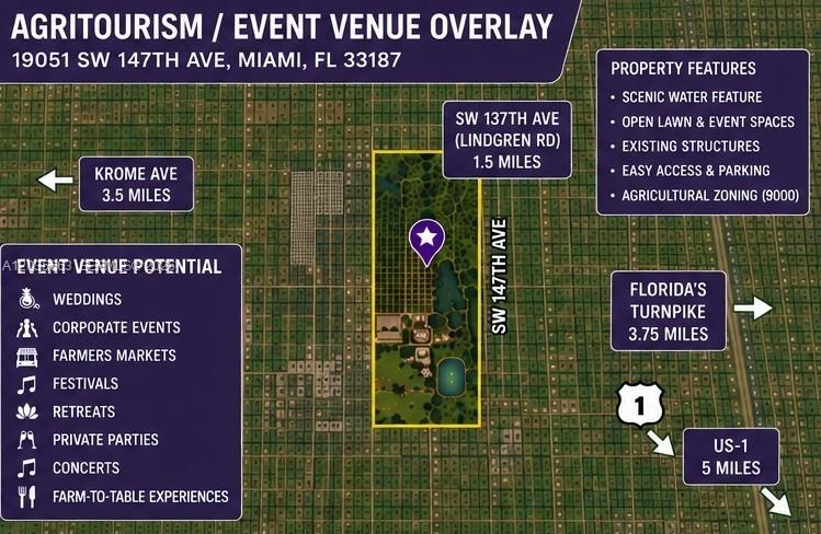 This map displays an agritourism and event venue property located in Miami, Florida — 19051 SW 147th Ave, Miami FL 33187, MIAMI, FL