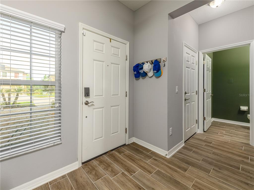 An entryway features a white front door, a hat rack, and wood-look tile flooring — 29844 SOUTHWELL LANE, WESLEY CHAPEL, FL
