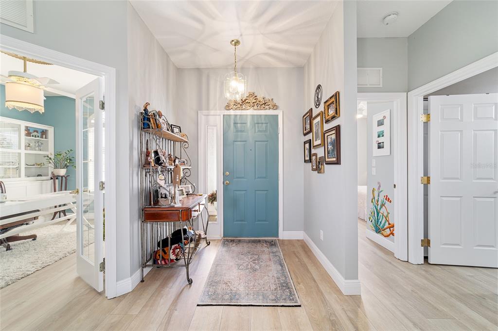 A foyer features a blue front door, light wood flooring, and a metal display shelf — 2380 NW 55TH AVENUE ROAD, OCALA, FL