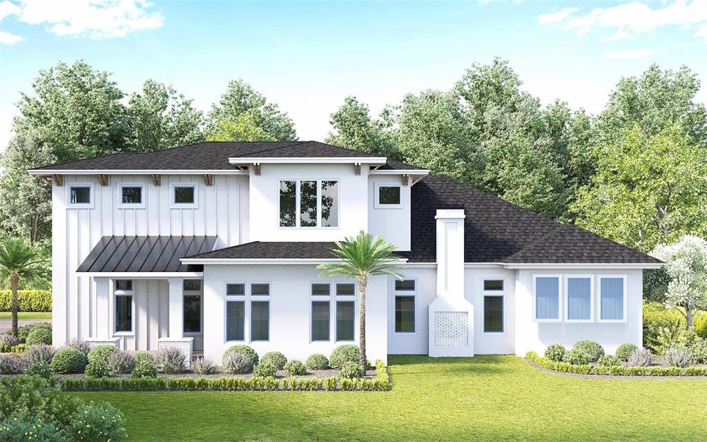 A digital rendering of a two-story white house with a dark roof and landscaping — 938 ENCLAVE PLACE, WINTER PARK, FL
