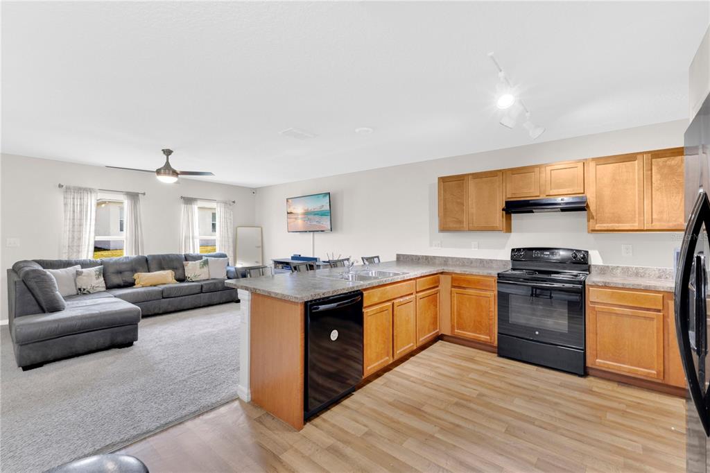 An open-concept kitchen with wood cabinets and black appliances overlooks a carpeted living area — 113 TULIP LANE, KISSIMMEE, FL