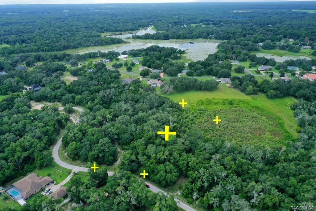 An aerial view shows a wooded lot marked with plus signs near a residential road — 4230 S KENVERA LOOP, INVERNESS, FL
