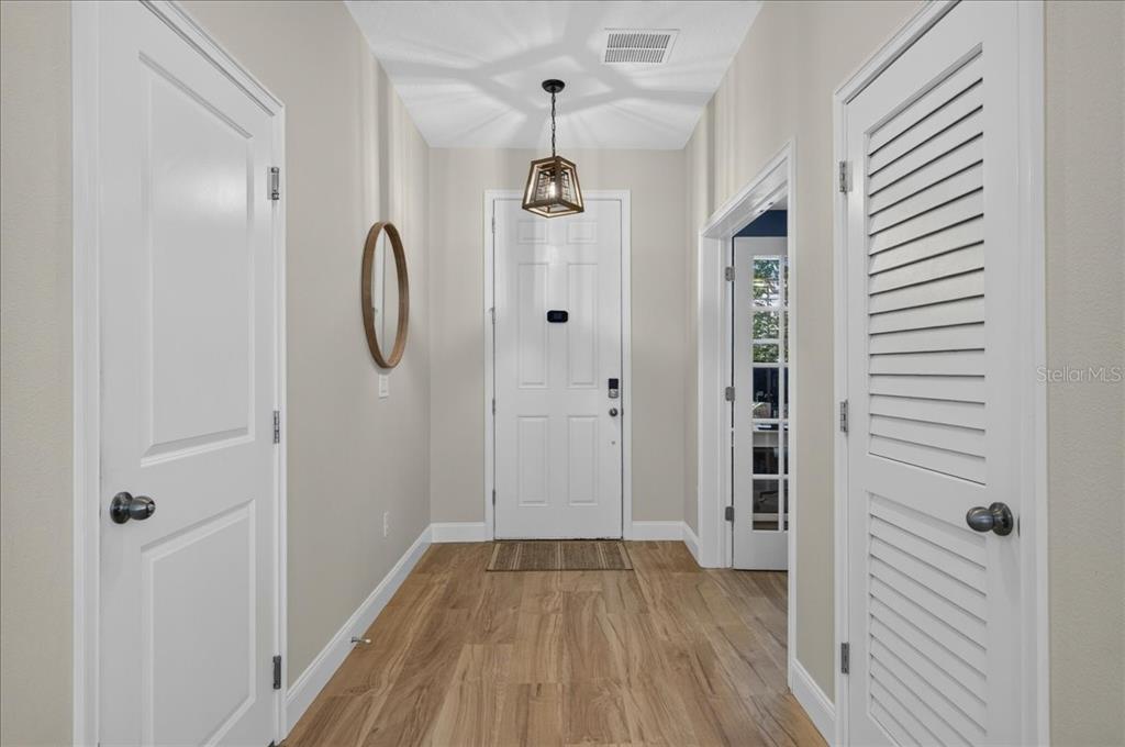 An entryway features light wood flooring, a white front door, and a hanging pendant light — 12209 W STREAMBED DRIVE, RIVERVIEW, FL