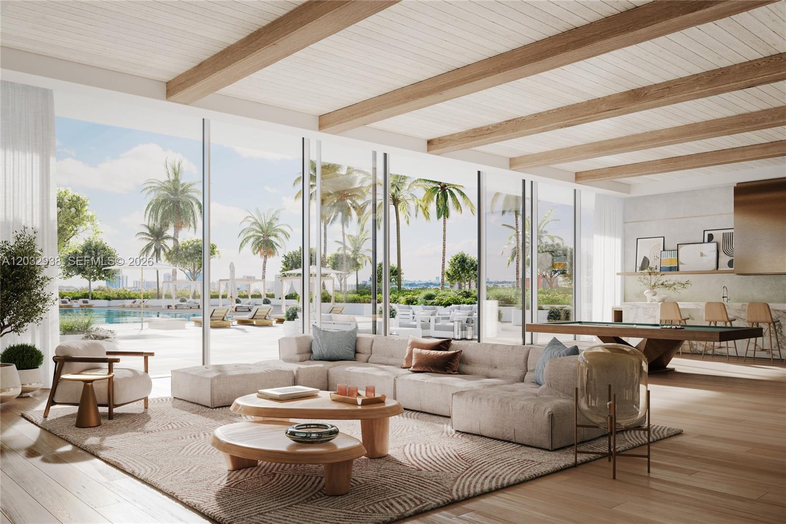 This rendering shows a modern living room with floor-to-ceiling windows overlooking a pool deck — 2411 Laguna Circle # 1102, Miami FL 33181, MIAMI, FL