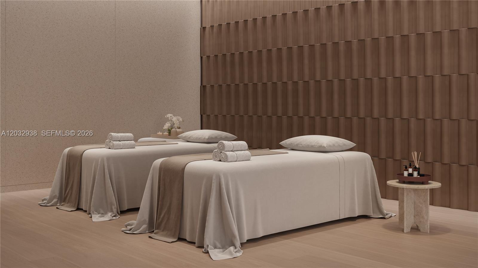 This rendering shows a spa room with two massage tables and textured wall panels — 2411 Laguna Circle # 1102, Miami FL 33181, MIAMI, FL