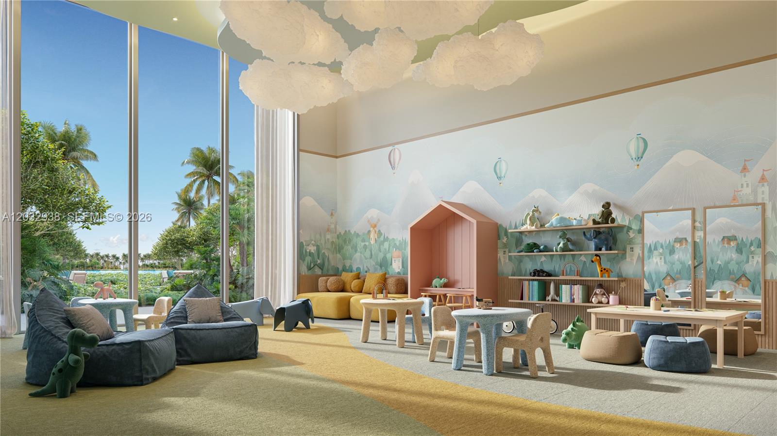 This rendering shows a children's playroom with cloud-shaped ceiling lights and a mountain-themed wall mural — 2411 Laguna Circle # 1102, Miami FL 33181, MIAMI, FL