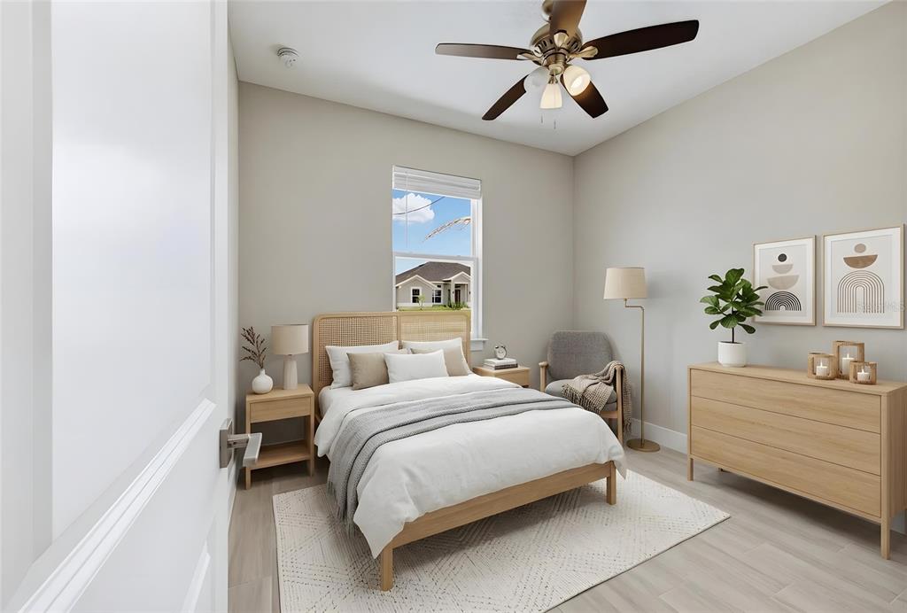 This is a digital rendering of a bedroom featuring a bed, dresser, and ceiling fan — 804 COLVILLE DRIVE, KISSIMMEE, FL
