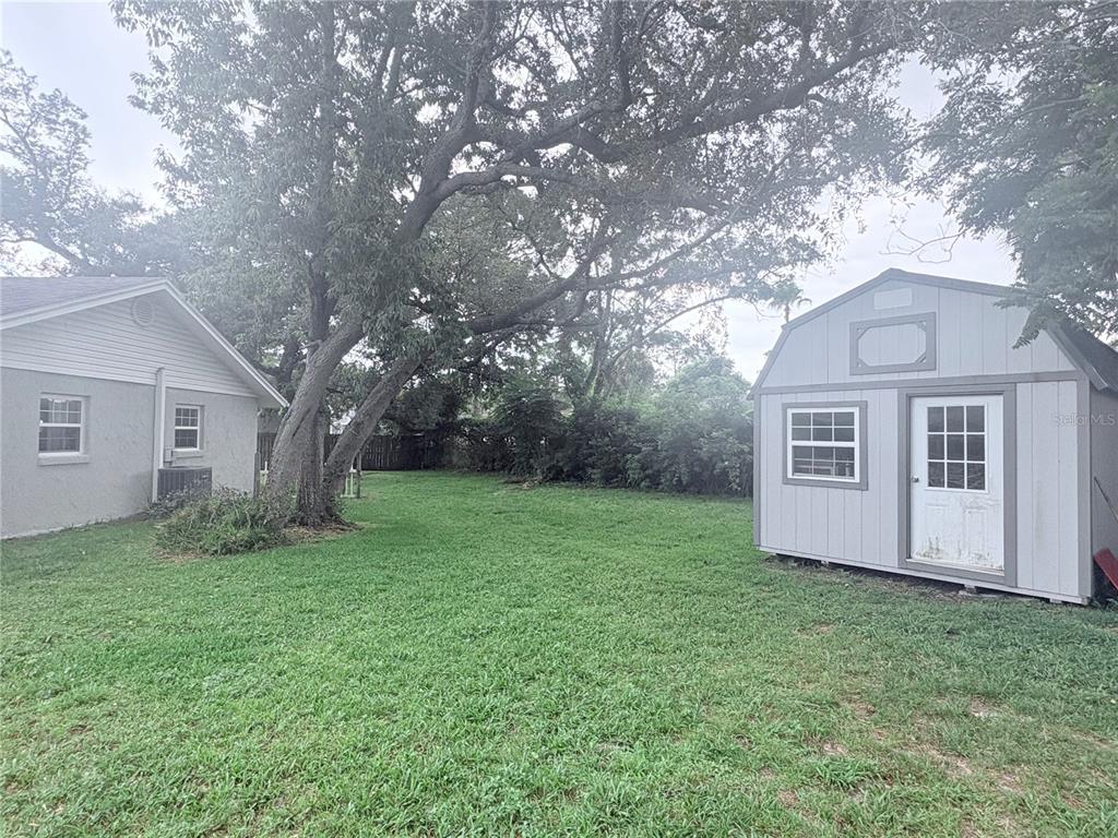 A backyard features a house, a detached shed, and a large tree on green grass — 93 GLASS COURT, PORT ORANGE, FL