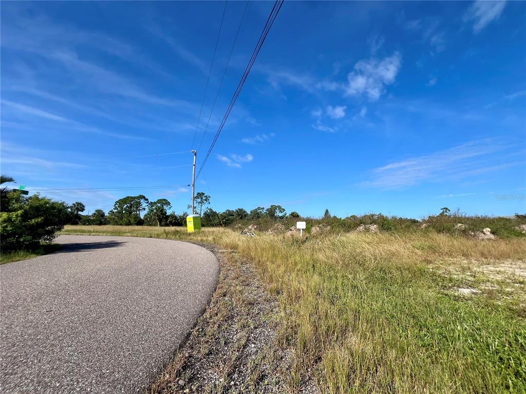 A paved road curves past a grassy, undeveloped lot under a bright blue sky — 1515 NE 32ND LANE, CAPE CORAL, FL