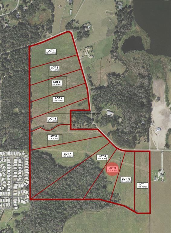 An aerial map shows eleven subdivided land lots outlined in red — BAYHEAD ROAD Lot 9, DADE CITY, FL