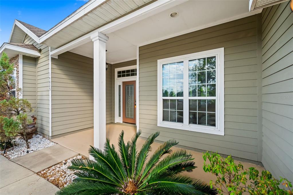 A covered front porch with olive green siding, a white column, and a glass-paneled door — 14825 NW 151ST LANE, ALACHUA, FL