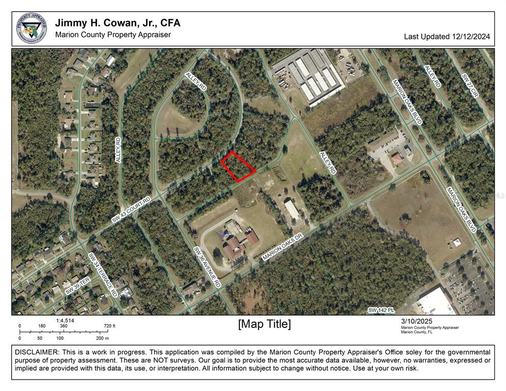 This is a property appraiser map showing a highlighted rectangular parcel of land — 0 SW 43RD COURT ROAD, OCALA, FL