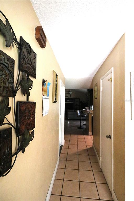 A hallway with tan walls, tile flooring, and wall decor leads toward an open living area — 1419 CARRIAGE OAK COURT, OCOEE, FL