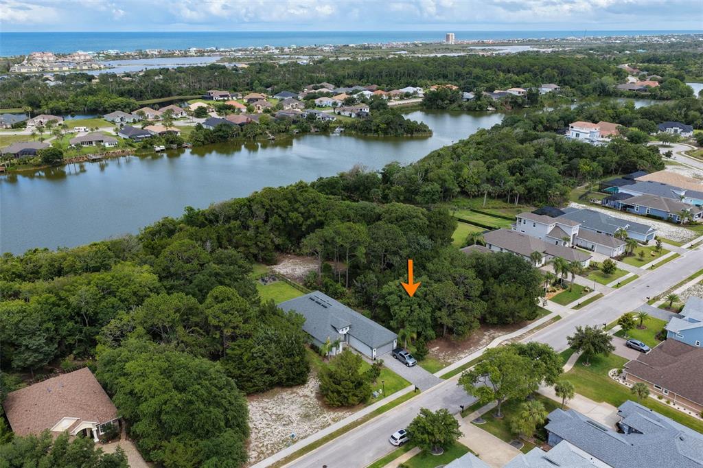 An aerial view shows a single-story house with a driveway and a wooded backyard — 18 N LAKEWALK DRIVE, PALM COAST, FL