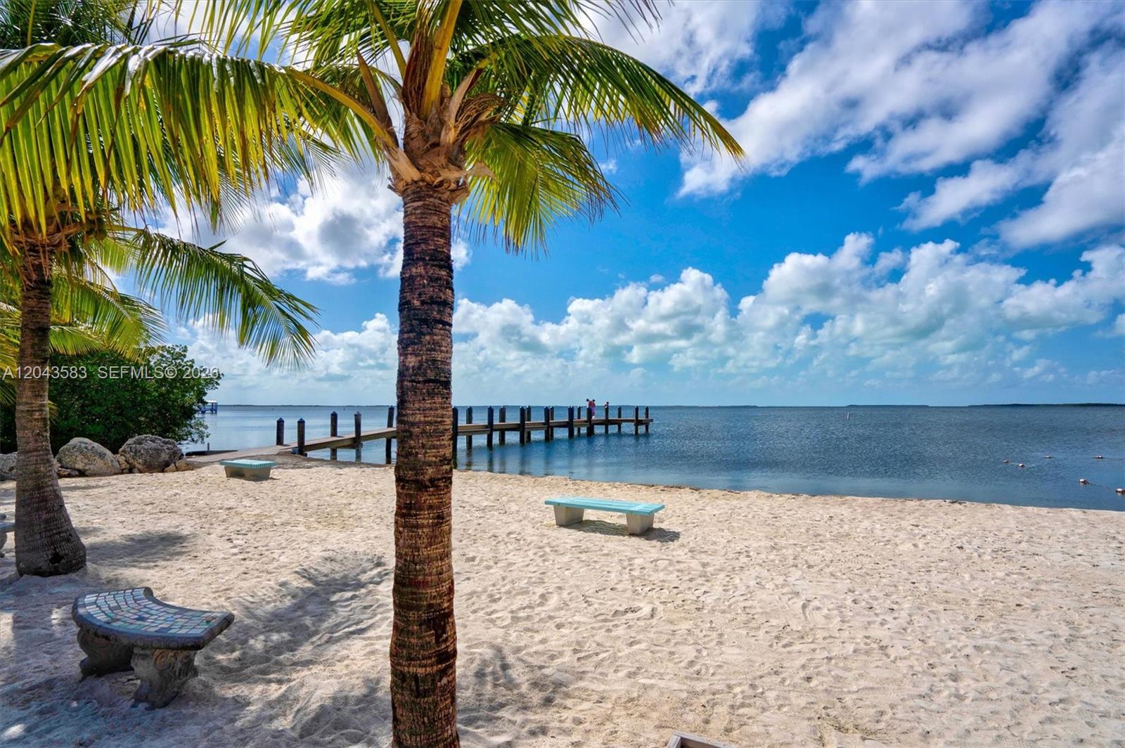 A sandy beach features palm trees, benches, and a wooden pier extending into the water — 19 Park Drive, Key Largo FL 33037, KEY LARGO, FL