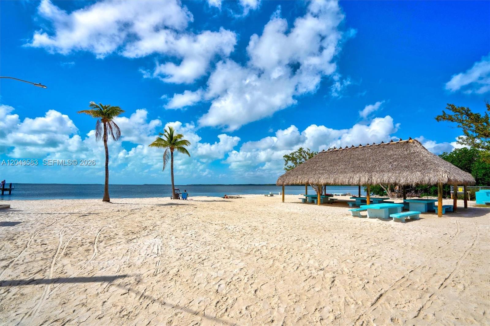 A sandy beach features a thatched-roof pavilion with picnic tables and two palm trees — 19 Park Drive, Key Largo FL 33037, KEY LARGO, FL