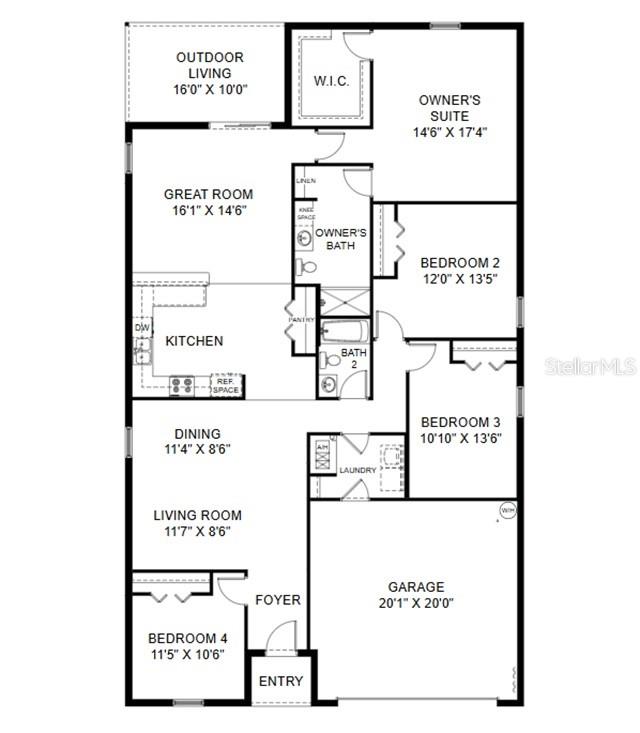 This is a floor plan for a single-story house with four bedrooms and a garage — 1236 ALAFIA WAY, POINCIANA, FL