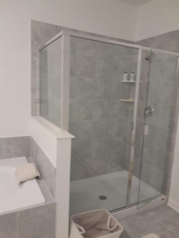 A bathroom features a glass-enclosed walk-in shower with gray tile walls next to a tub — 113 BOGEY DRIVE, DAVENPORT, FL