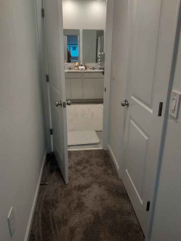 A carpeted hallway leads to a bathroom featuring a double vanity and mirrors — 113 BOGEY DRIVE, DAVENPORT, FL