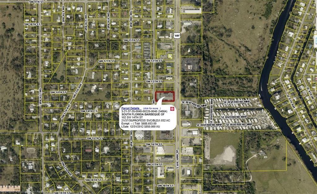 An aerial map shows a highlighted commercial property parcel located along a major highway — 102 SW 14TH STREET, OKEECHOBEE, FL