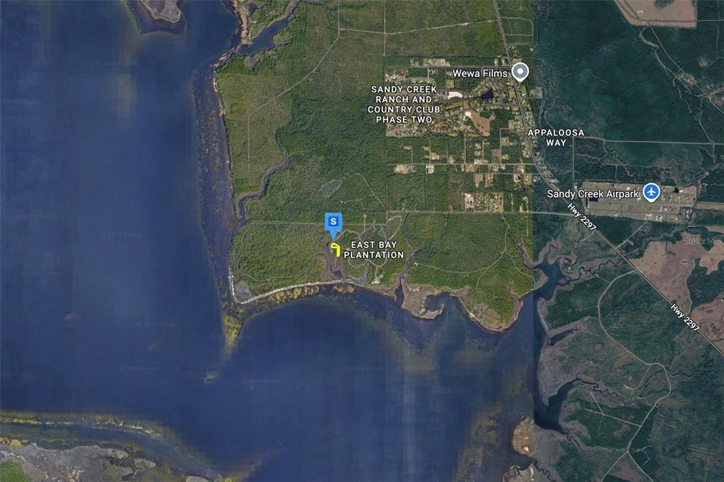 This is a satellite map showing East Bay Plantation and surrounding areas near Highway 2297 — 2706 STING RAY ROAD, PANAMA CITY, FL