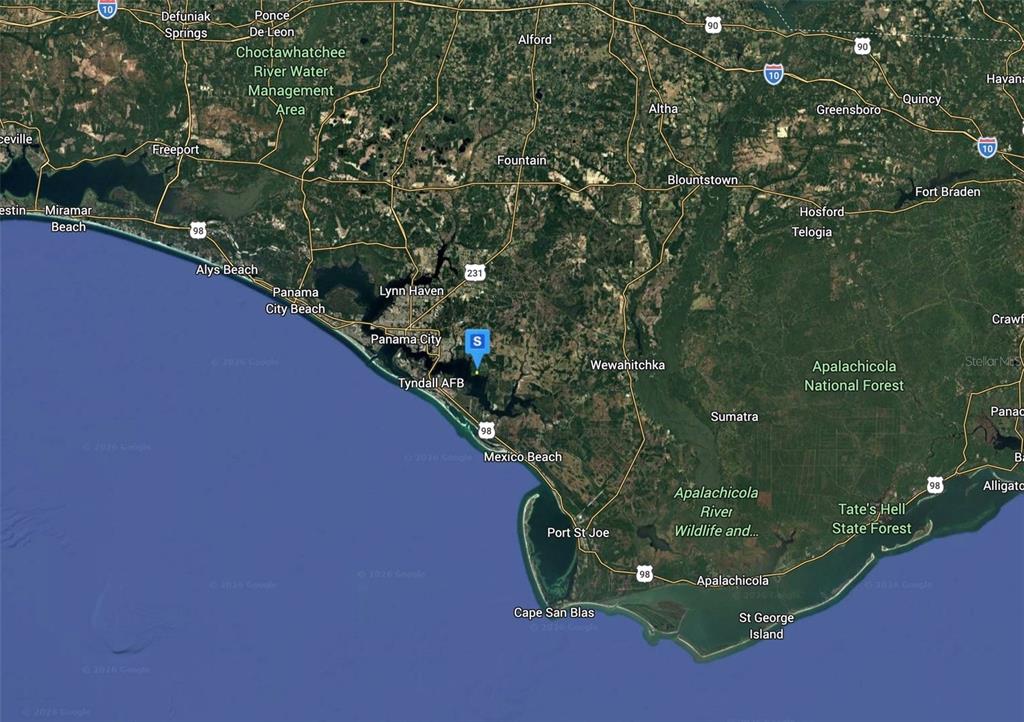 This is a satellite map showing the Florida Panhandle coastline, including Panama City and Apalachicola — 2706 STING RAY ROAD, PANAMA CITY, FL