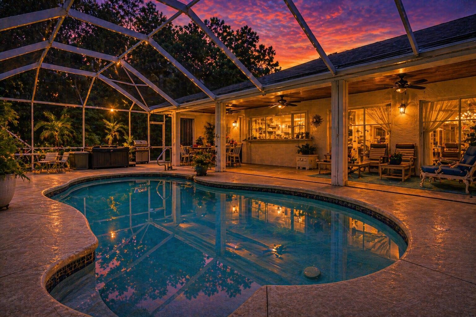 A screened-in pool patio at dusk features a kidney-shaped pool and a covered seating area — 15884 North Road, FL 33470, FL