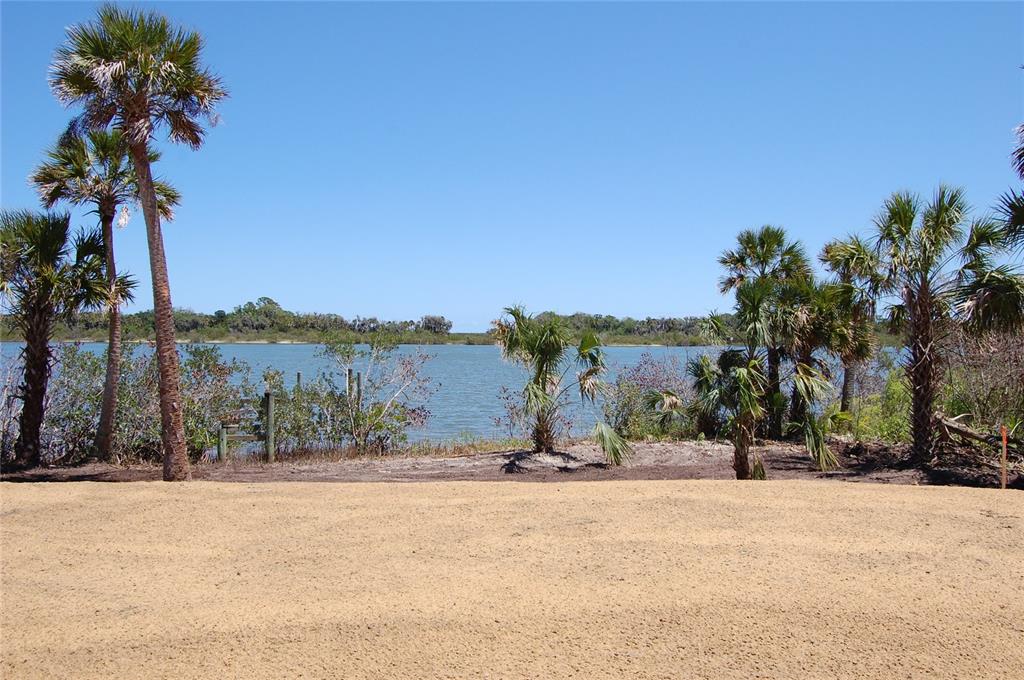 A sandy yard overlooks a body of water framed by several palm trees — 183 & 185 JONES FISH CAMP ROAD, EDGEWATER, FL