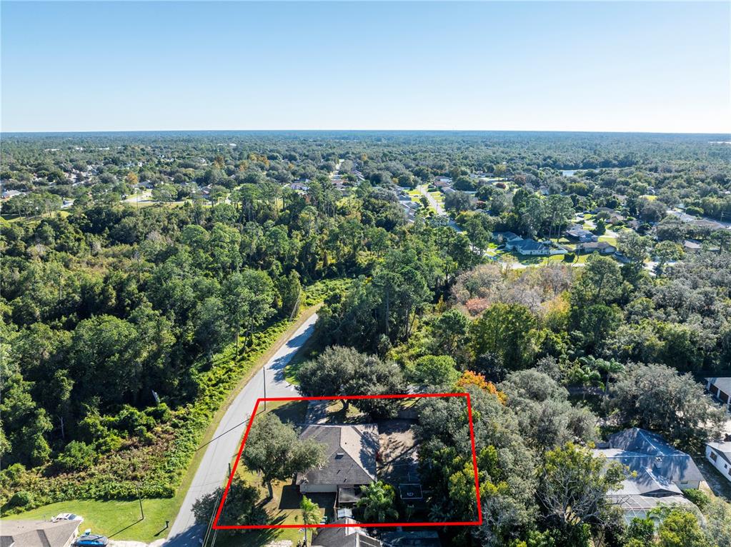 An aerial view shows a single-story house with a red outline on a wooded lot — 1191 S BRICKELL DRIVE, DELTONA, FL